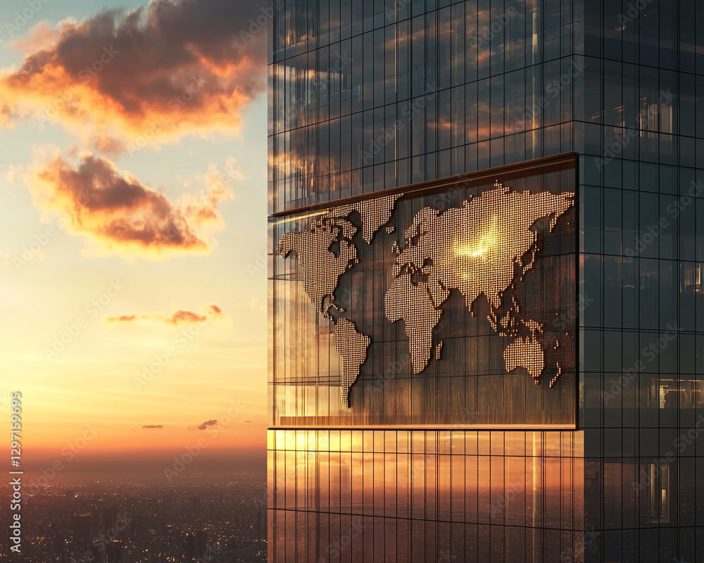 Aufkleber close-up of a world map reflected on the glass of a skyscraper during sunset, symbolizing global bus