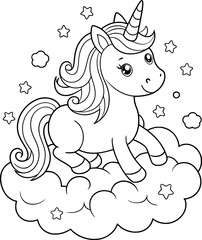 Unicorn on a Cloud Coloring Page – Black and White