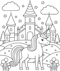 Fototapeta premium Unicorn Near a Castle Coloring Page – Black and White