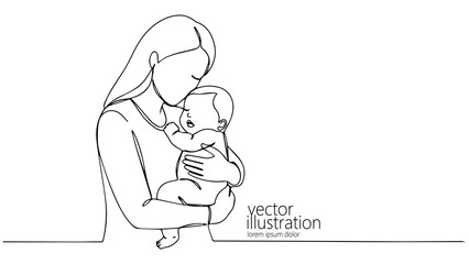 Mother holds baby tenderly. Woman supports infant love bond. Suitable family motherhood designs. Minimalist line art white background vector illustration