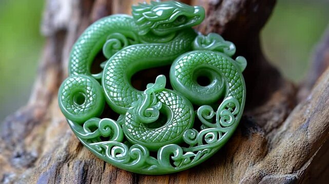 Vibrant green jade dragon carving displayed on textured wooden surface in natural light
