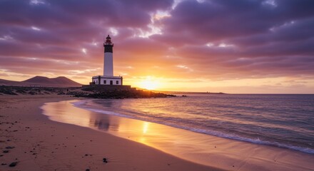 Fototapeta premium Coastal Lighthouse Sunset - Stunning sunset view of a lighthouse on a sandy beach. Tranquil ocean waves gently lap the shore. Perfect for travel, nature, or coastal themed projects