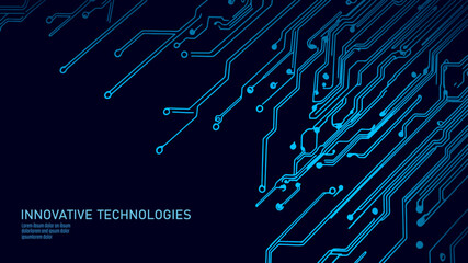 Circuit board technology background. Blue lines connect data points. Use for futuristic design presentations. Flat lay minimal dark blue vector illustration.