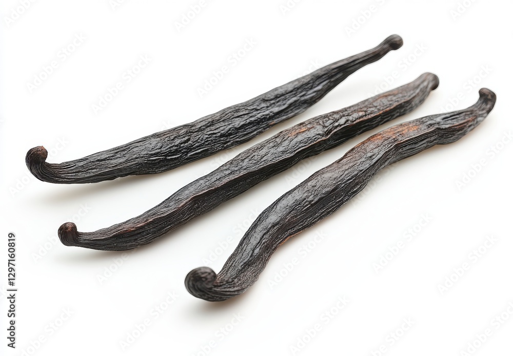 Poster dried vanilla beans on white background showcasing rich texture and unique shape ideal for culinary 