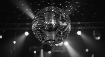 Disco Ball in Nightclub Setting - A large disco ball hangs from the ceiling in a dark nightclub, illuminated by spotlights. Perfect for party, dance, and music themes