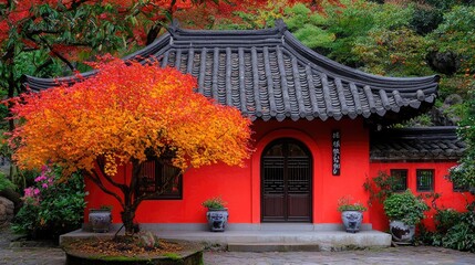 Autumn foliage illuminates red Chinese temple garden