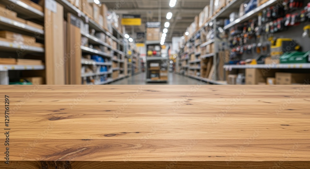 Poster empty wooden tabletop in hardware store - a clean, empty wooden tabletop sits in focus in front of a
