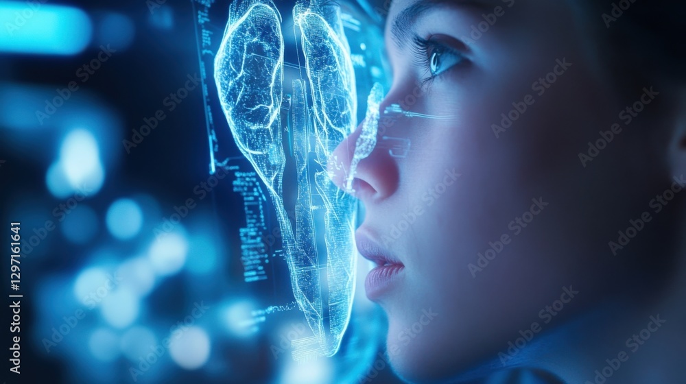 Poster female scientist observing a 3d holographic projection of a human brain, analyzing data and informat