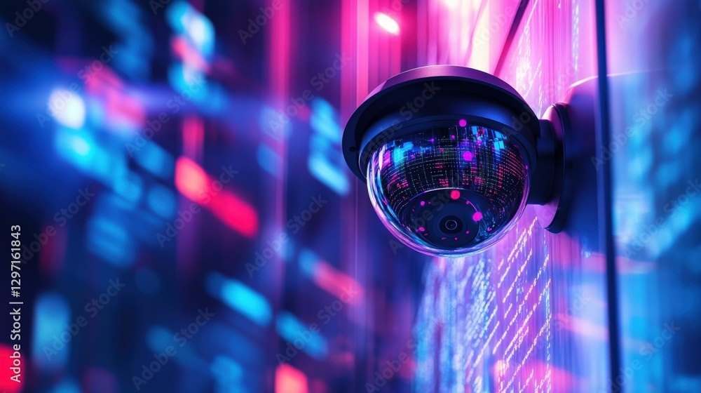 Poster futuristic security camera monitoring computer code displayed on screens in a server room, enhancing