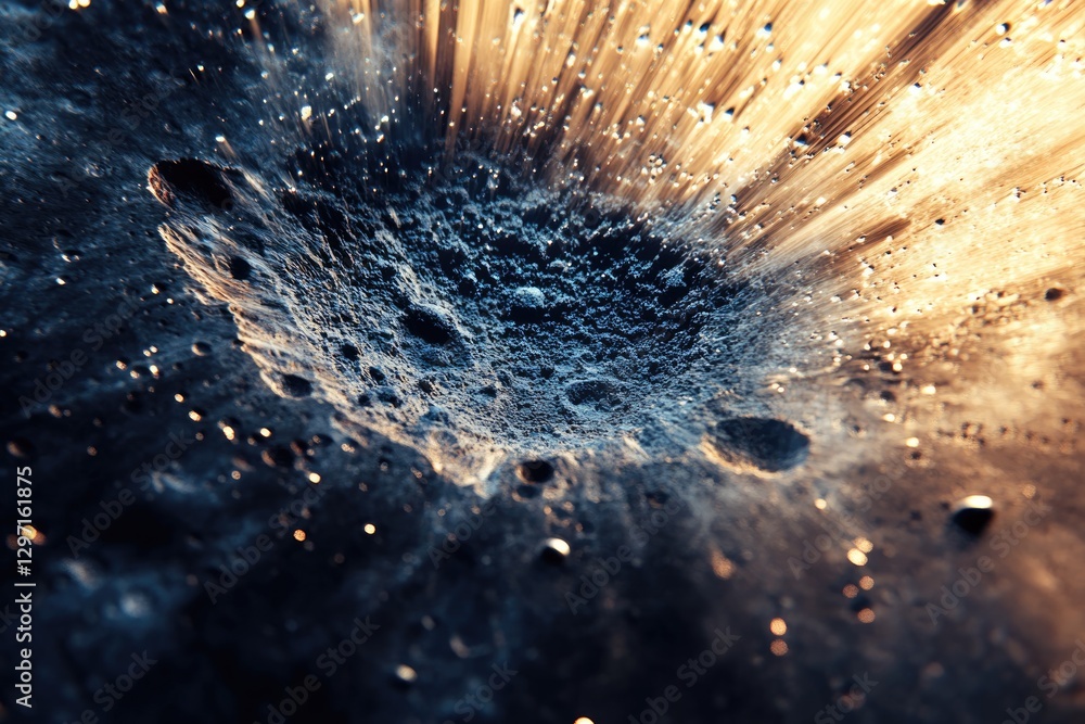 Poster abstract image of dark textured surface with golden light bursts, resembling a celestial event or un