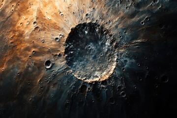 A large impact crater dominates this dark, cratered landscape, showcasing dramatic texture and color variations.