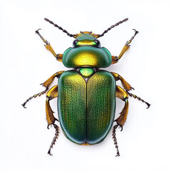 Close-up of a vibrant metallic green beetle on white background
