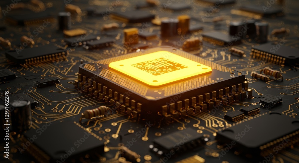 Poster golden processor on circuit board - close-up of a glowing gold central processing unit chip on a det