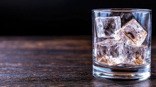 Ice cubes in a rocks glass on a dark wooden table
