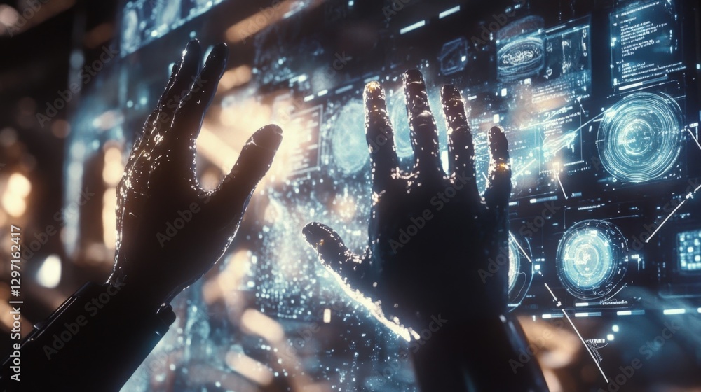 Poster technician interacting with a futuristic augmented reality interface, leveraging innovative technolo