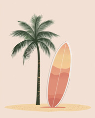 Surfboard and palm tree illustration on sandy beach