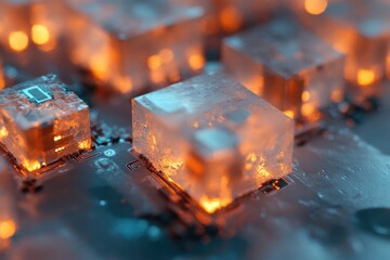Abstract image of glowing transparent cubes on a circuit board, representing technological innovation and data processing.