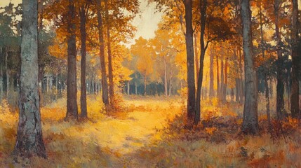 Fototapeta premium An autumn colored forest displays beautiful warm sunlight through the trees