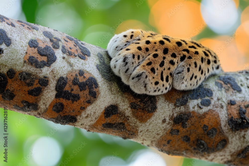 Poster close-up of a serval's paw resting on a textured tree branch, showcasing its unique spotted fur.