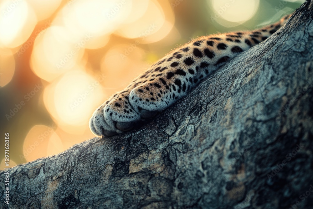 Poster close-up of a leopard's paw resting on a tree branch at sunset.