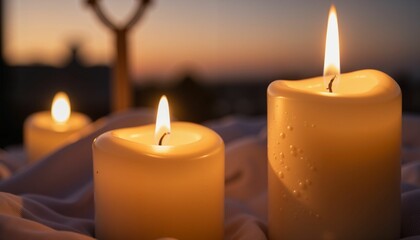 Lit candles on altar at twilight, serene ambiance