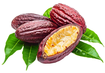 Red cocoa fruits or cocoa pods over green leaves isolated on white background. File contains clipping path.