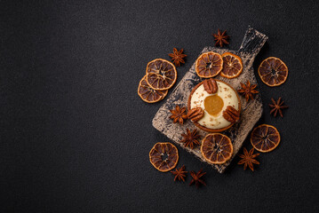 Sweet round tart with white citrus cream and pecans