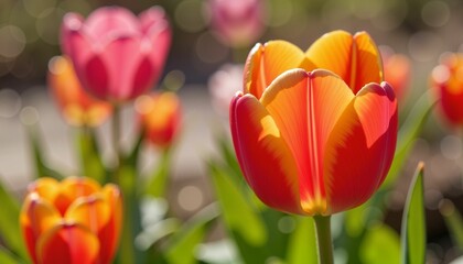 Fototapeta premium Tulip's vibrant bloom in sunlight, enhanced petal vibrancy