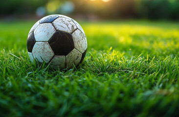 Fototapeta premium Classic black and white soccer ball resting on vibrant green grass in sunlight, symbolizing sports, passion, competition, and the excitement of football games worldwide.