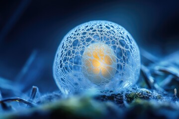 Frozen soap bubble reveals intricate, web-like patterns, glowing softly from within.