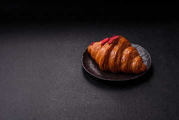 Sweet crispy croissant decorated with red hearts