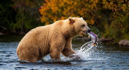 Fototapeta premium bear catching fish in river with autumn foliage background