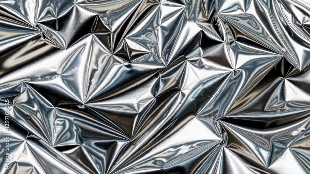 Poster close-up, top-down view of crumpled metallic foil creating abstract patterns. the video captures the