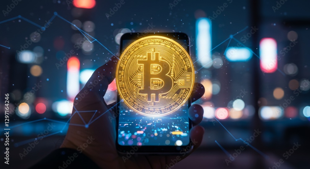 Poster mobile bitcoin cryptocurrency transaction - a hand holds a smartphone displaying a glowing bitcoin s