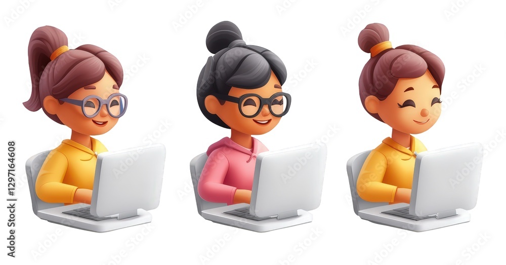 Poster 3d icon female programmers collaborating, typing code on laptops, representing diversity and profess