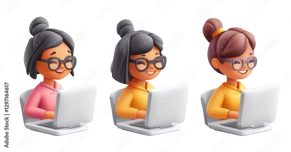 Poster 3d icon female programmers collaborating, typing code on laptops, representing diversity and profess