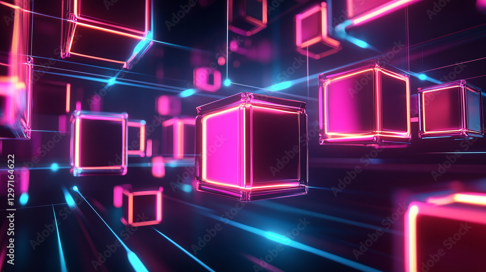 Poster abstract neon cubes float in space, connected by lines of light. retro-futuristic design with vivid 