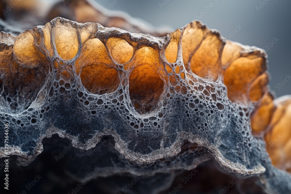 Poster close-up of a honeycomb structure, showing intricate details and textural contrast between dark grey