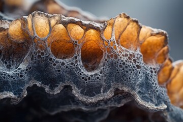 Obraz premium Close-up of a honeycomb structure, showing intricate details and textural contrast between dark grey and amber hues.