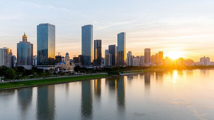 Obraz premium Scenic River Reflection with Modern Skyscrapers at Sunset in an Urban City
