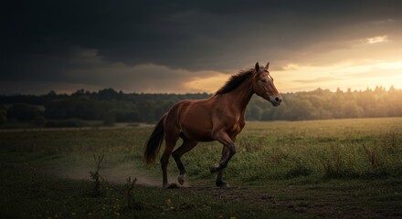 Moody Bay Horse Galloping at Sunset - A majestic brown horse gallops across a field at sunset, symbolizing freedom, power, grace, speed, and untamed nature.