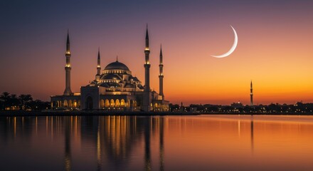 Naklejka premium Mosque at Sunset with Crescent Moon - A stunning of a grand mosque reflected in calm water at sunset, a crescent moon in the sky. Perfect for religious, cultural, or travel themes