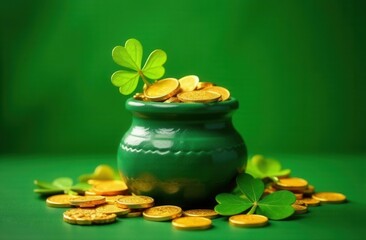 Green pot filled with shiny gold coins, adorned with a fresh shamrock, set against a vibrant green background. A festive symbol of luck, prosperity, and St. Patrick's Day tradition