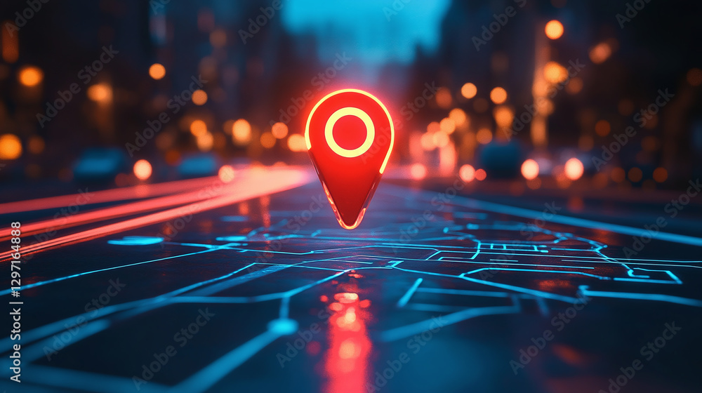 Poster digital navigation marker. glowing neon map pinpoint over an abstract city layout. futuristic techno