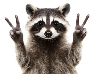 Fototapeta premium Portrait of a funny raccoon, showing a sign peace, isolated on transparent background 
