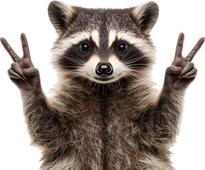 Obraz premium Portrait of a funny raccoon, showing a sign peace, isolated on transparent background 