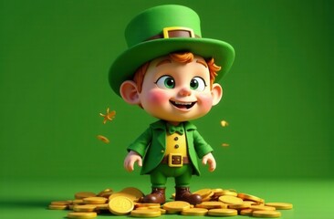 Cute cartoon-style leprechaun child with bright green eyes and a joyful expression, standing on a pile of gold coins. Dressed in a green suit with a top hat, celebrating St. Patrick’s Day