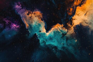 Obraz premium A vibrant nebula, swirling teal and orange hues, speckled with bright stars across a dark cosmic backdrop.