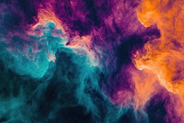 Obraz premium A vibrant nebula swirls in cosmic space, showcasing teal, purple, and orange hues, interspersed with glittering stars.