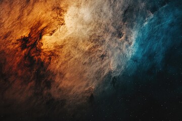 A mesmerizing cosmic landscape showcasing a nebula with vibrant orange and teal hues, interspersed with dark clouds and distant stars.